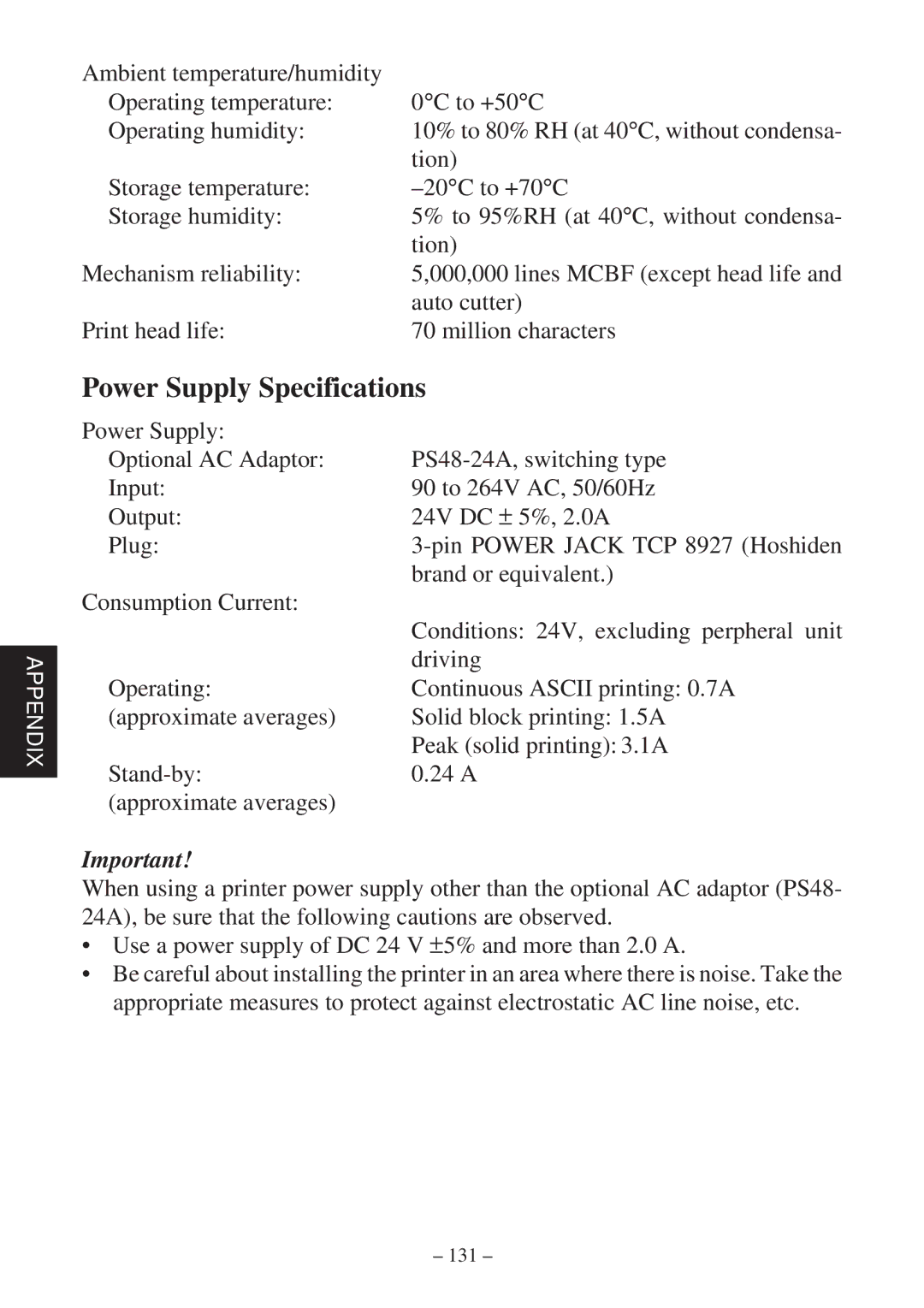 Star Micronics SP2000 Series user manual Power Supply Specifications, Tion 