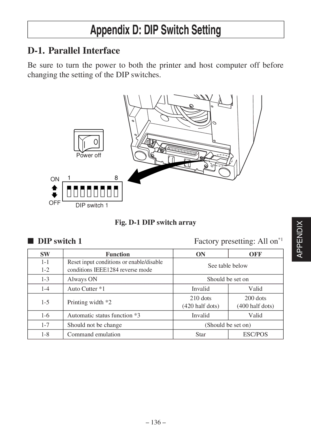 Star Micronics SP2000 Series Appendix D DIP Switch Setting, Parallel Interface, DIP switch, Factory presetting All on*1 