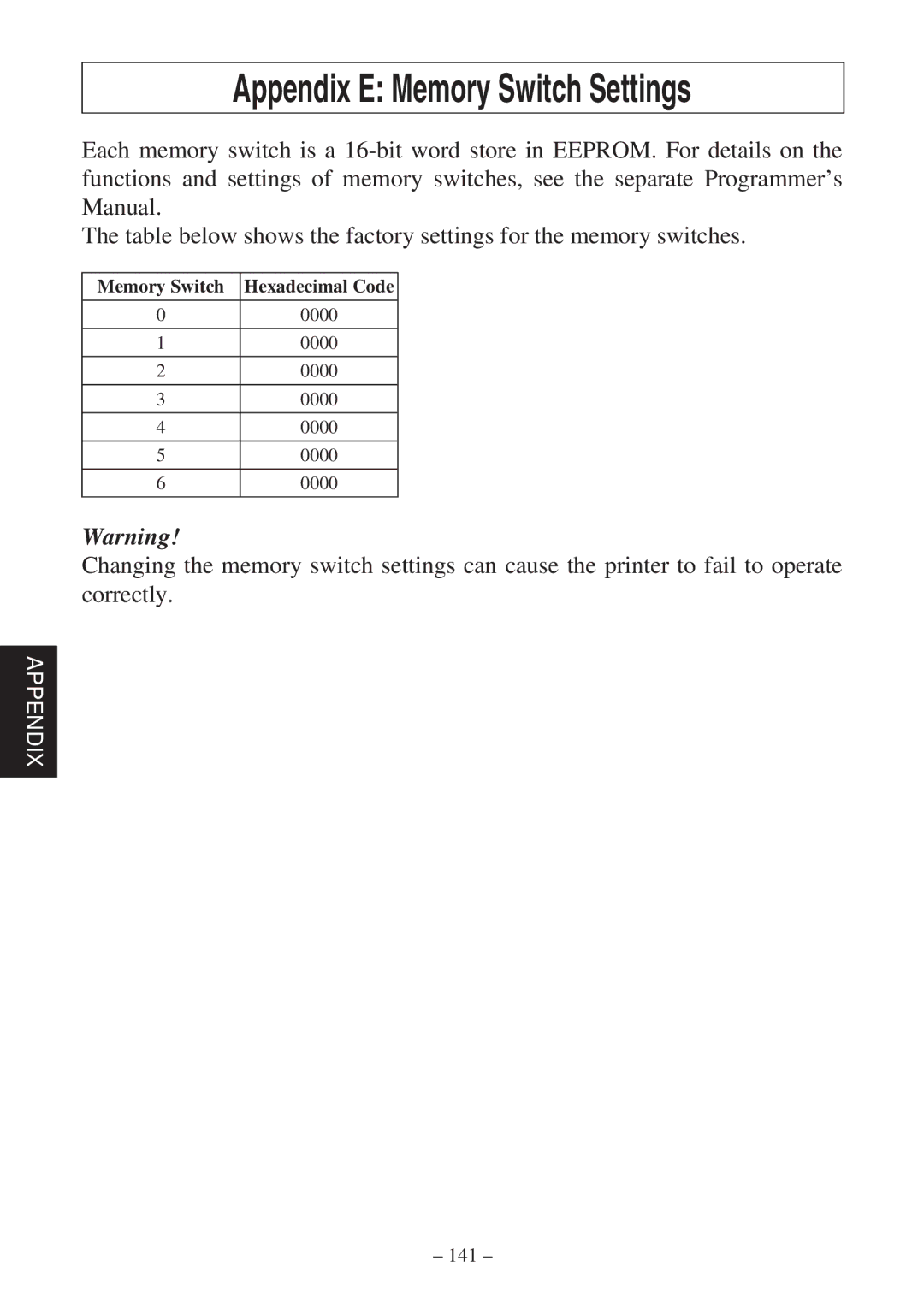 Star Micronics SP2000 Series user manual Appendix E Memory Switch Settings 