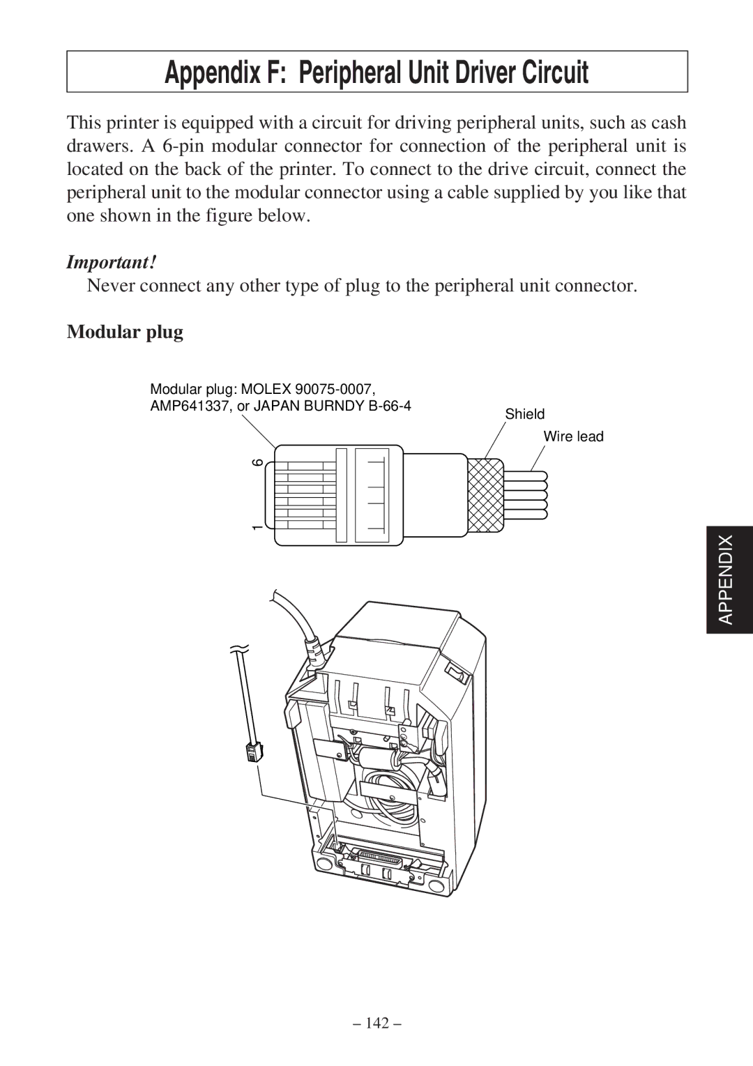 Star Micronics SP2000 Series user manual Appendix F Peripheral Unit Driver Circuit, Modular plug 