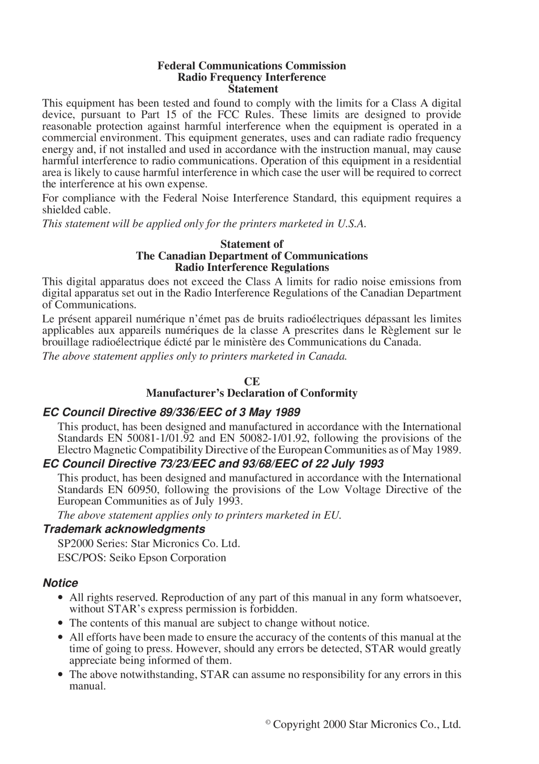 Star Micronics SP2000 Series user manual EC Council Directive 89/336/EEC of 3 May 