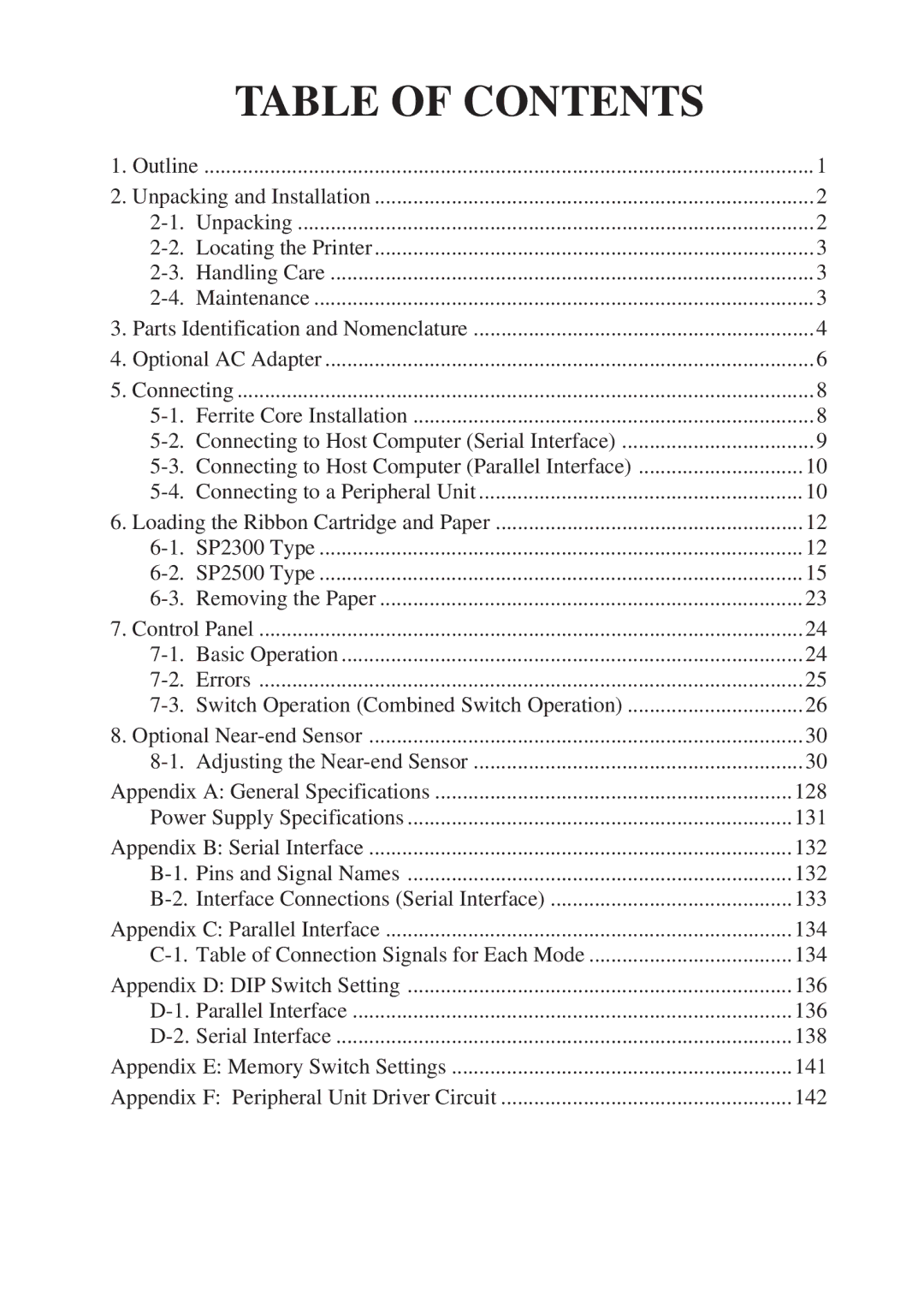 Star Micronics SP2000 Series user manual Table of Contents 