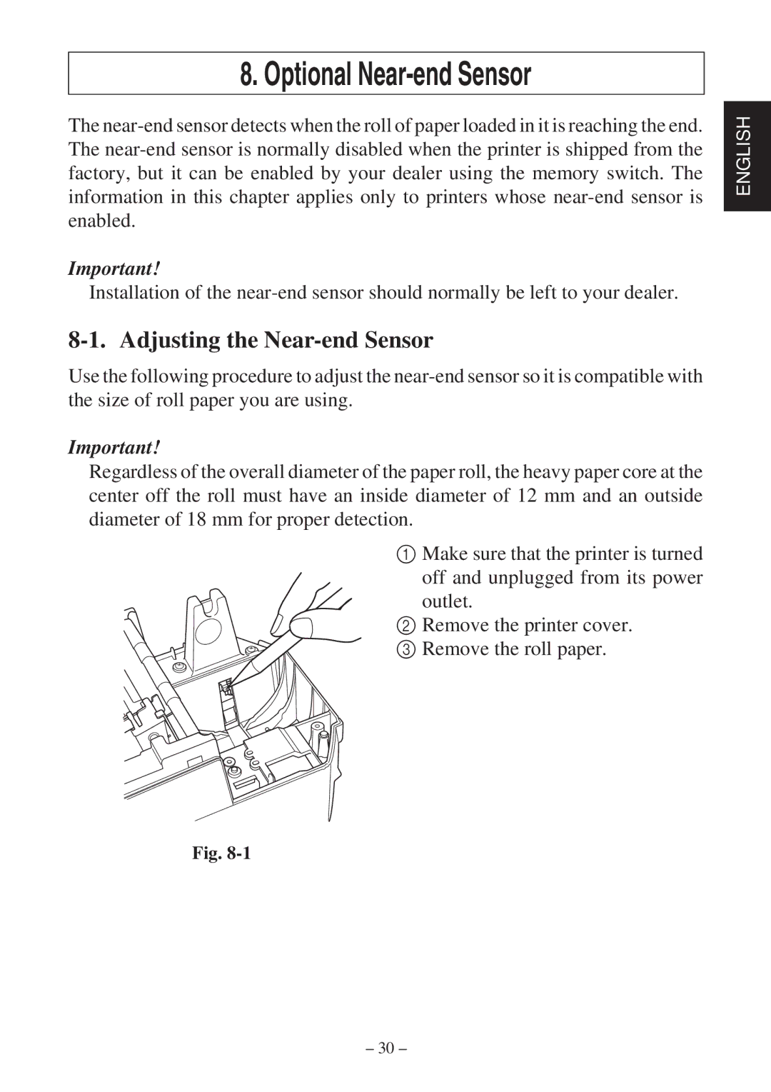 Star Micronics SP2000 Series user manual Optional Near-end Sensor, Adjusting the Near-end Sensor 