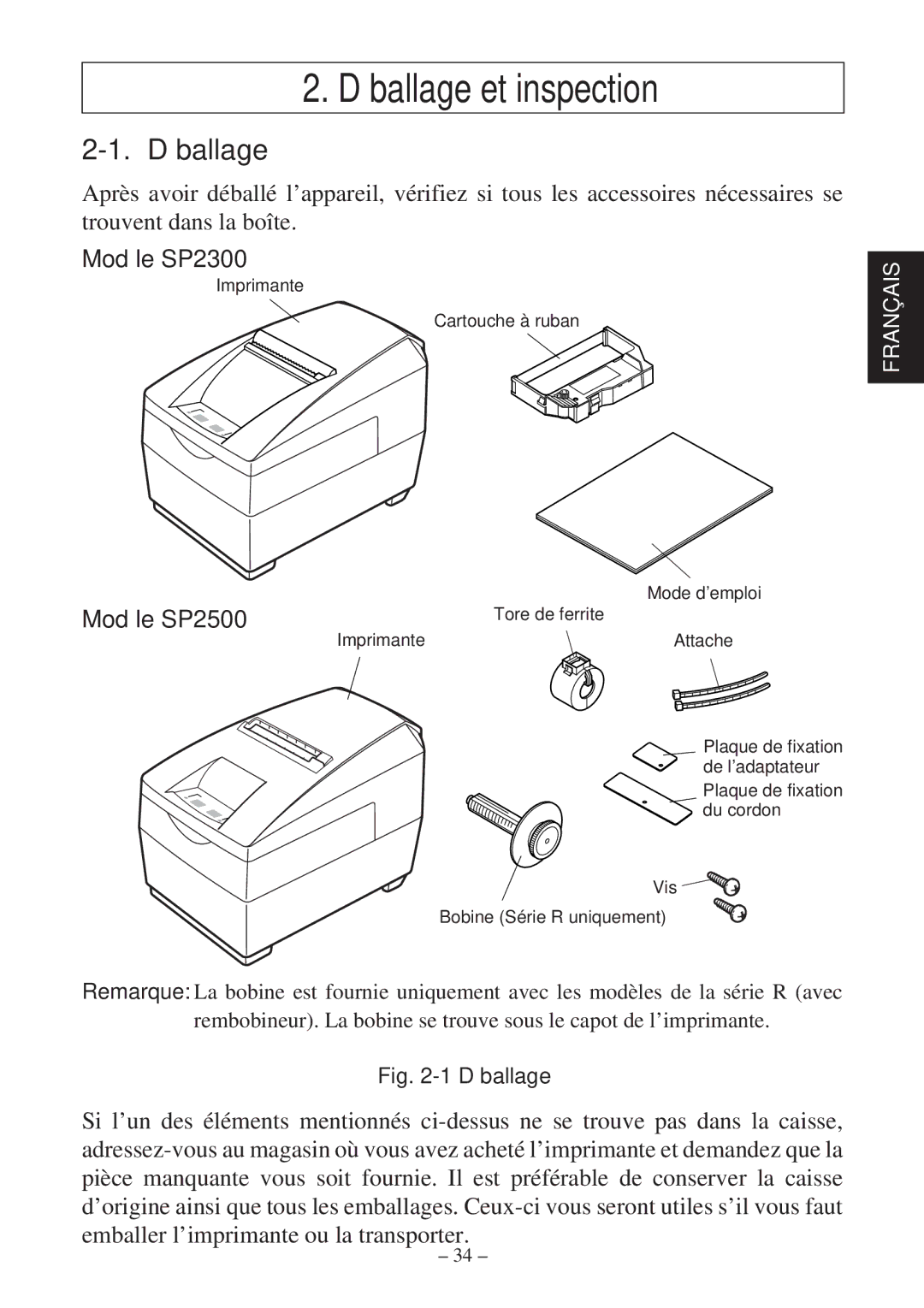 Star Micronics SP2000 Series user manual Déballage et inspection 