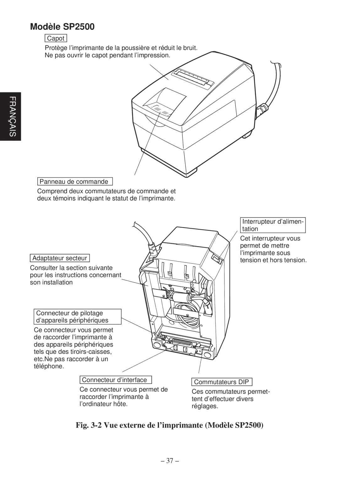 Star Micronics SP2000 Series user manual Vue externe de l’imprimante Modèle SP2500 