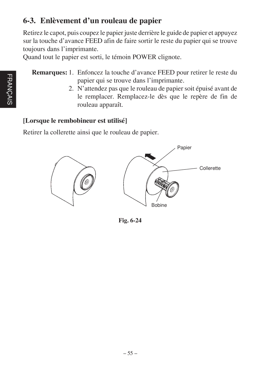 Star Micronics SP2000 Series user manual Enlèvement d’un rouleau de papier, Lorsque le rembobineur est utilisé 