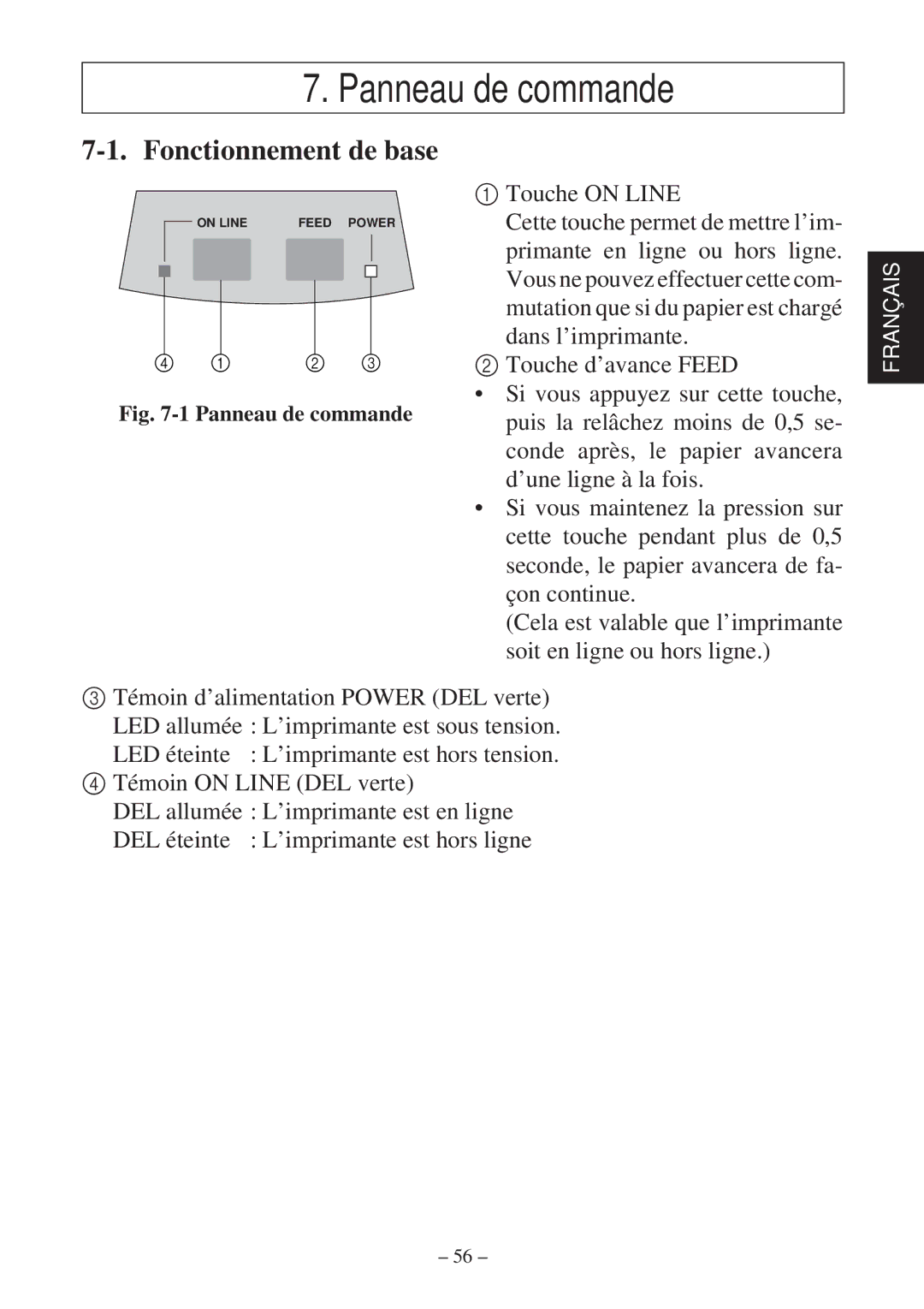 Star Micronics SP2000 Series user manual Panneau de commande, Fonctionnement de base, Touche on Line 