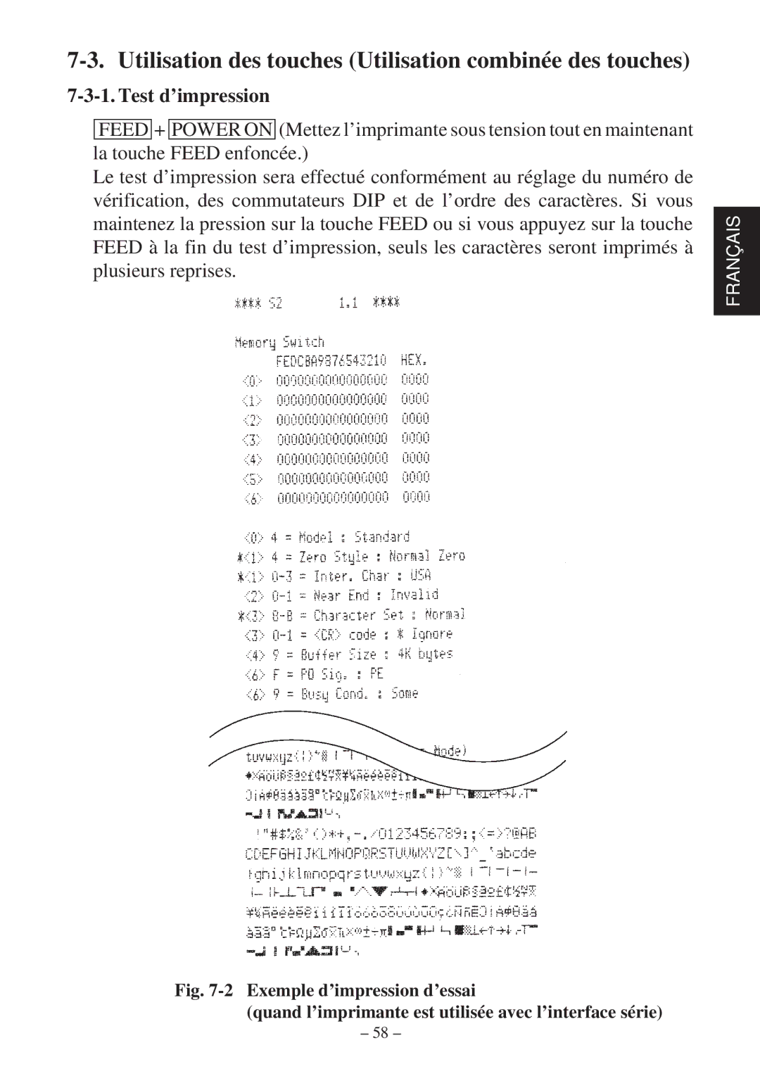 Star Micronics SP2000 Series user manual Utilisation des touches Utilisation combinée des touches, Test d’impression 