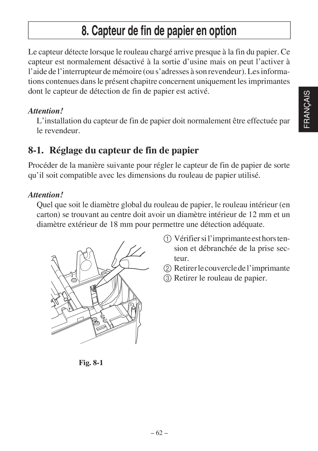 Star Micronics SP2000 Series user manual Capteur de fin de papier en option, Réglage du capteur de fin de papier 