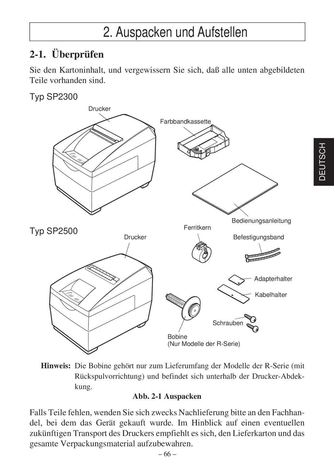 Star Micronics SP2000 Series user manual Auspacken und Aufstellen, Überprüfen 