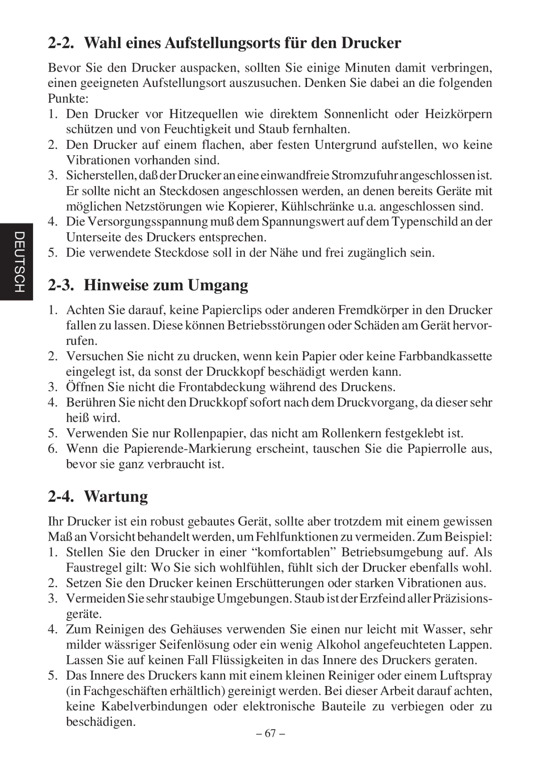 Star Micronics SP2000 Series user manual Wahl eines Aufstellungsorts für den Drucker, Hinweise zum Umgang, Wartung 