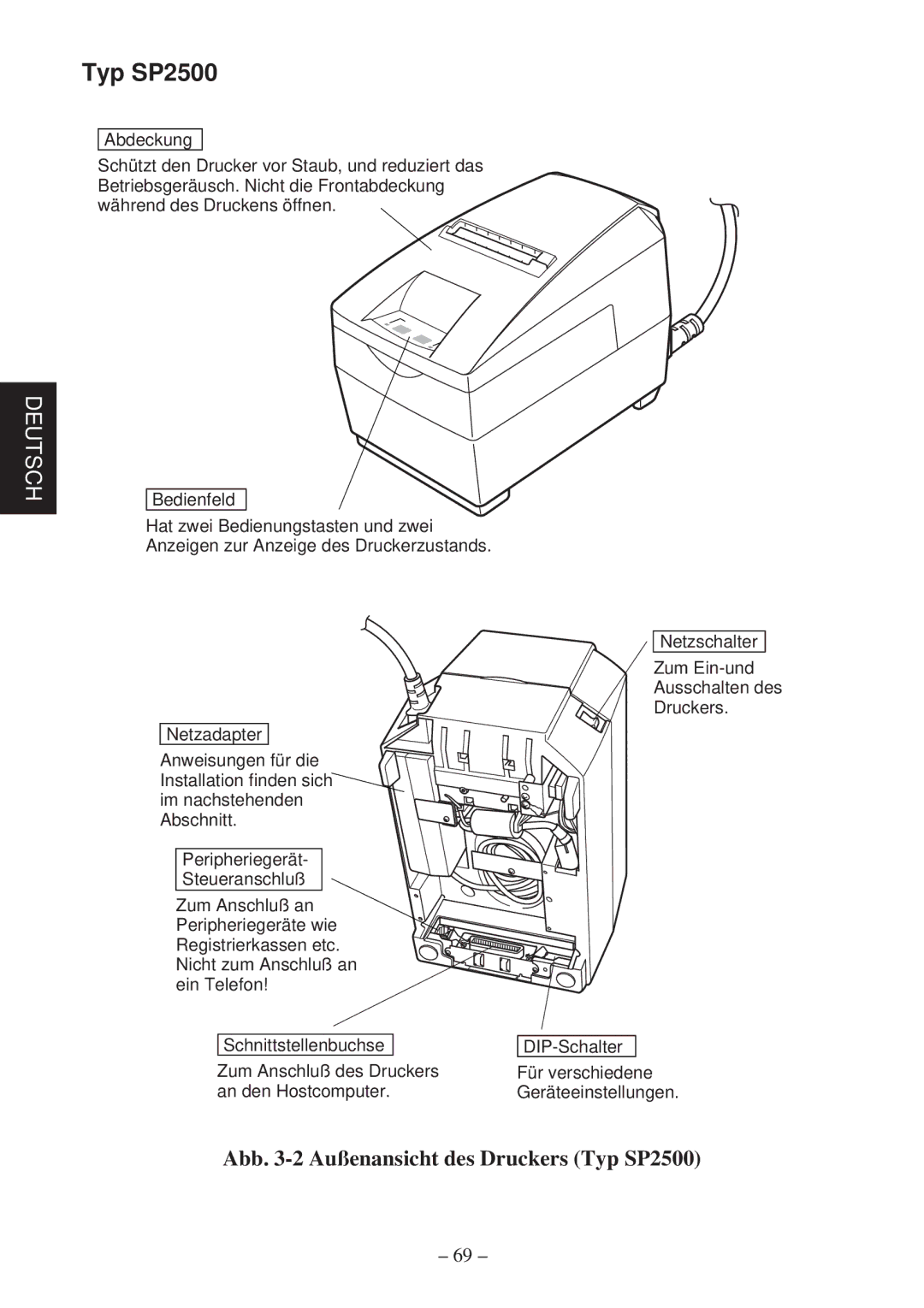 Star Micronics SP2000 Series user manual Abb -2 Außenansicht des Druckers Typ SP2500 