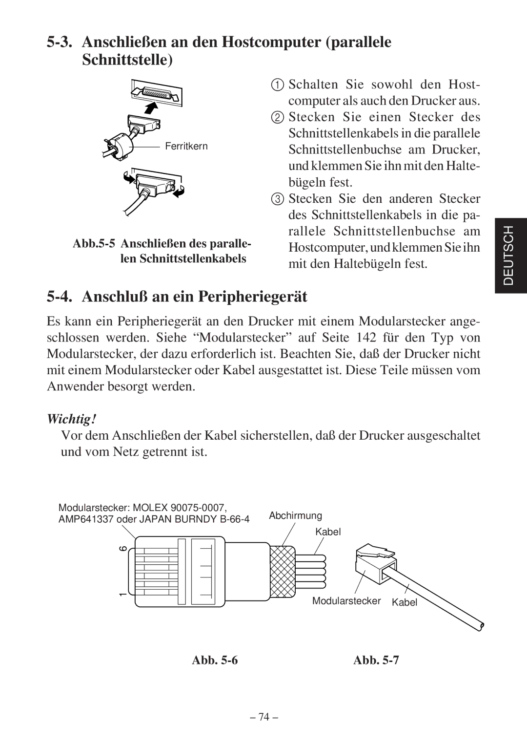 Star Micronics SP2000 Series Anschließen an den Hostcomputer parallele Schnittstelle, Anschluß an ein Peripheriegerät 