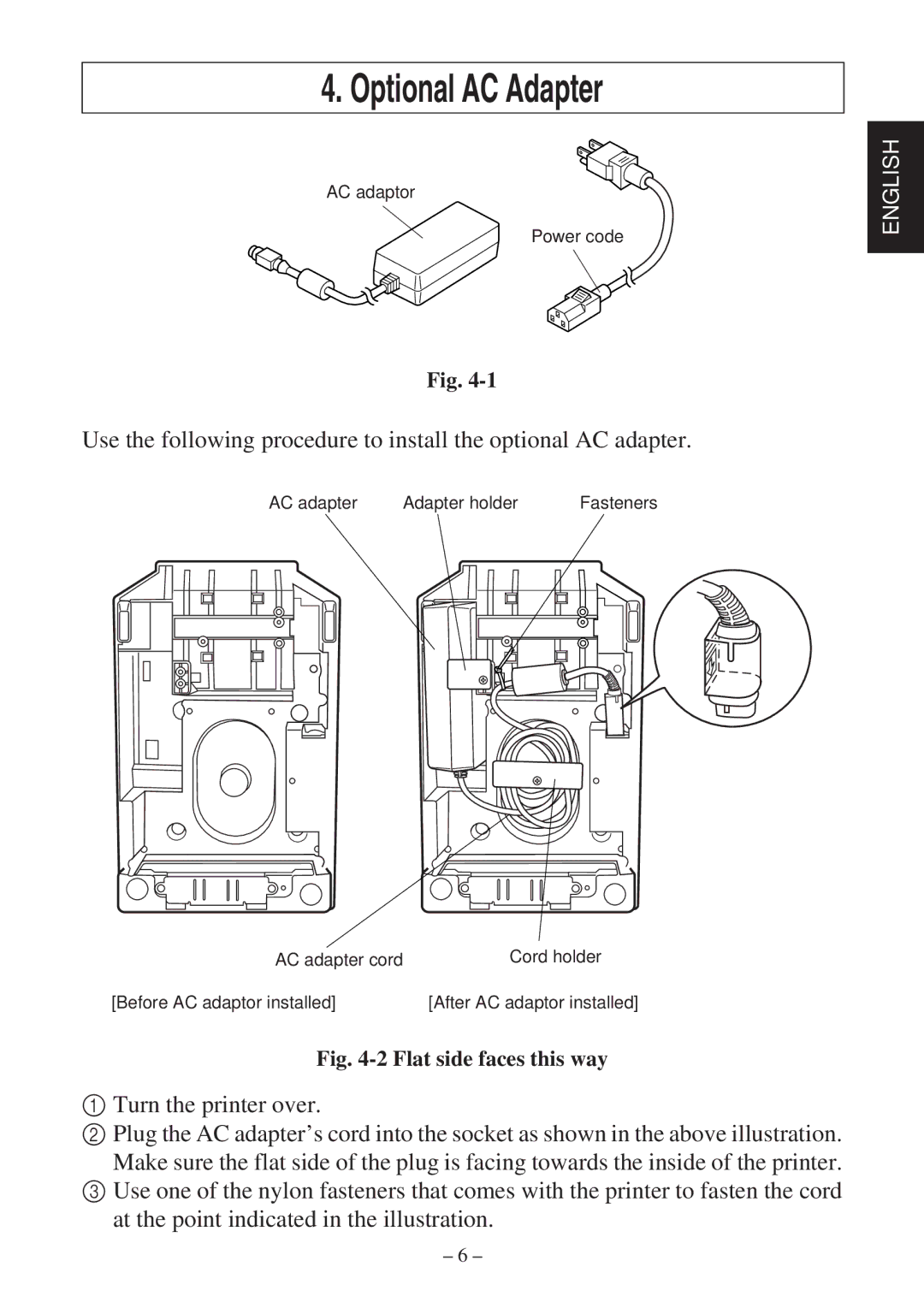 Star Micronics SP2000 Series user manual Optional AC Adapter, Flat side faces this way 