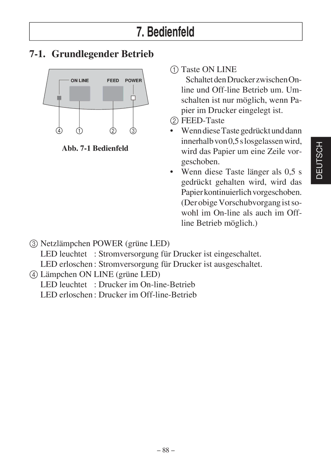 Star Micronics SP2000 Series user manual Bedienfeld, Grundlegender Betrieb, Taste on Line 