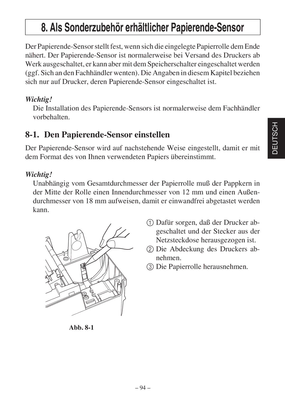 Star Micronics SP2000 Series user manual Als Sonderzubehör erhältlicher Papierende-Sensor, Den Papierende-Sensor einstellen 