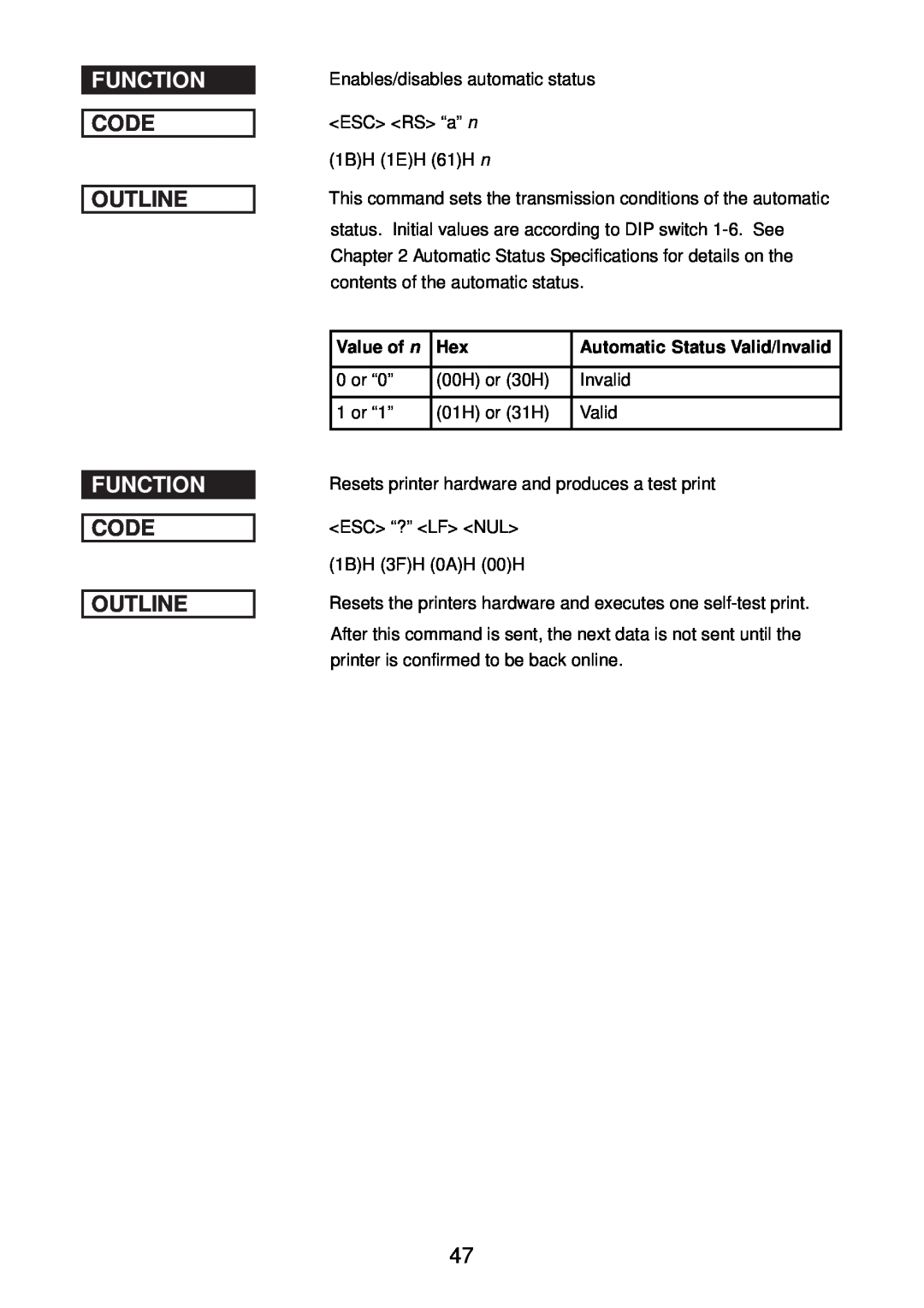 Star Micronics SP2000 manual Function, Automatic Status Valid/Invalid 