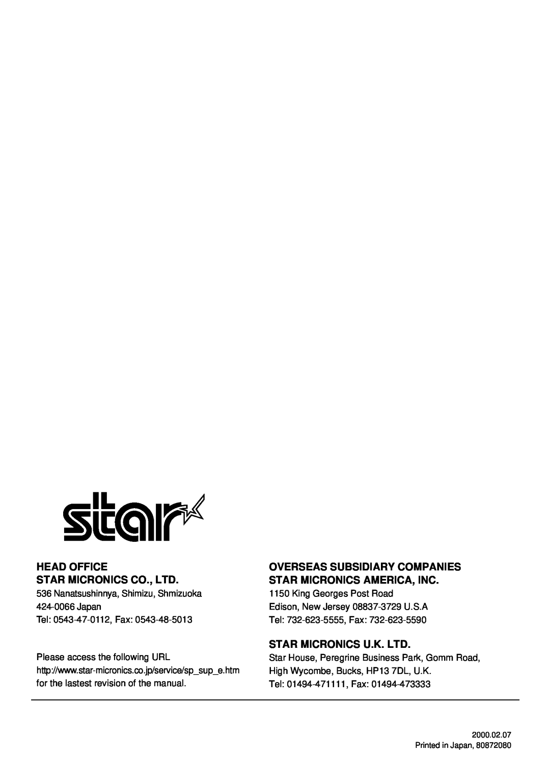 Star Micronics SP2000 manual Nanatsushinnya, Shimizu, Shmizuoka, King Georges Post Road, Japan, Tel 0543-47-0112, Fax 