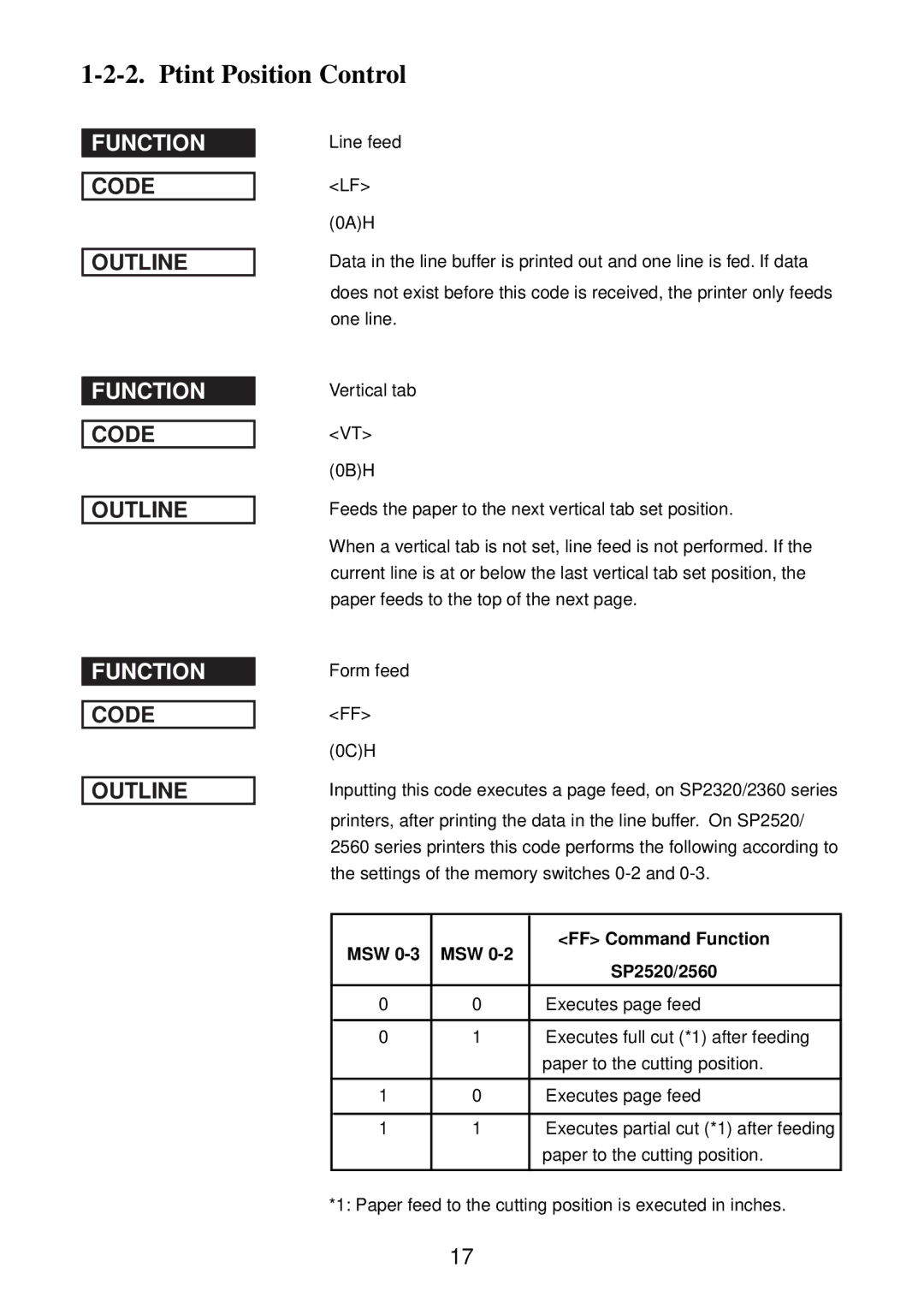 Star Micronics SP2000 manual Ptint Position Control, MSW FF Command Function SP2520/2560 