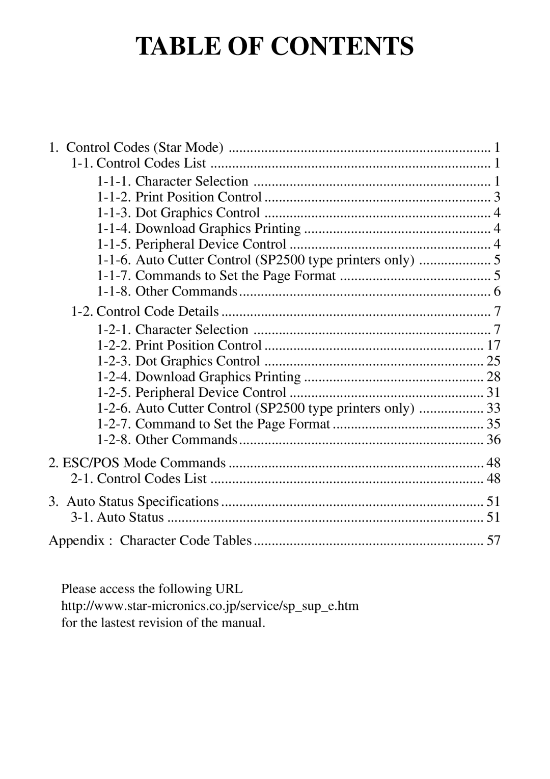 Star Micronics SP2000 manual Table of Contents 