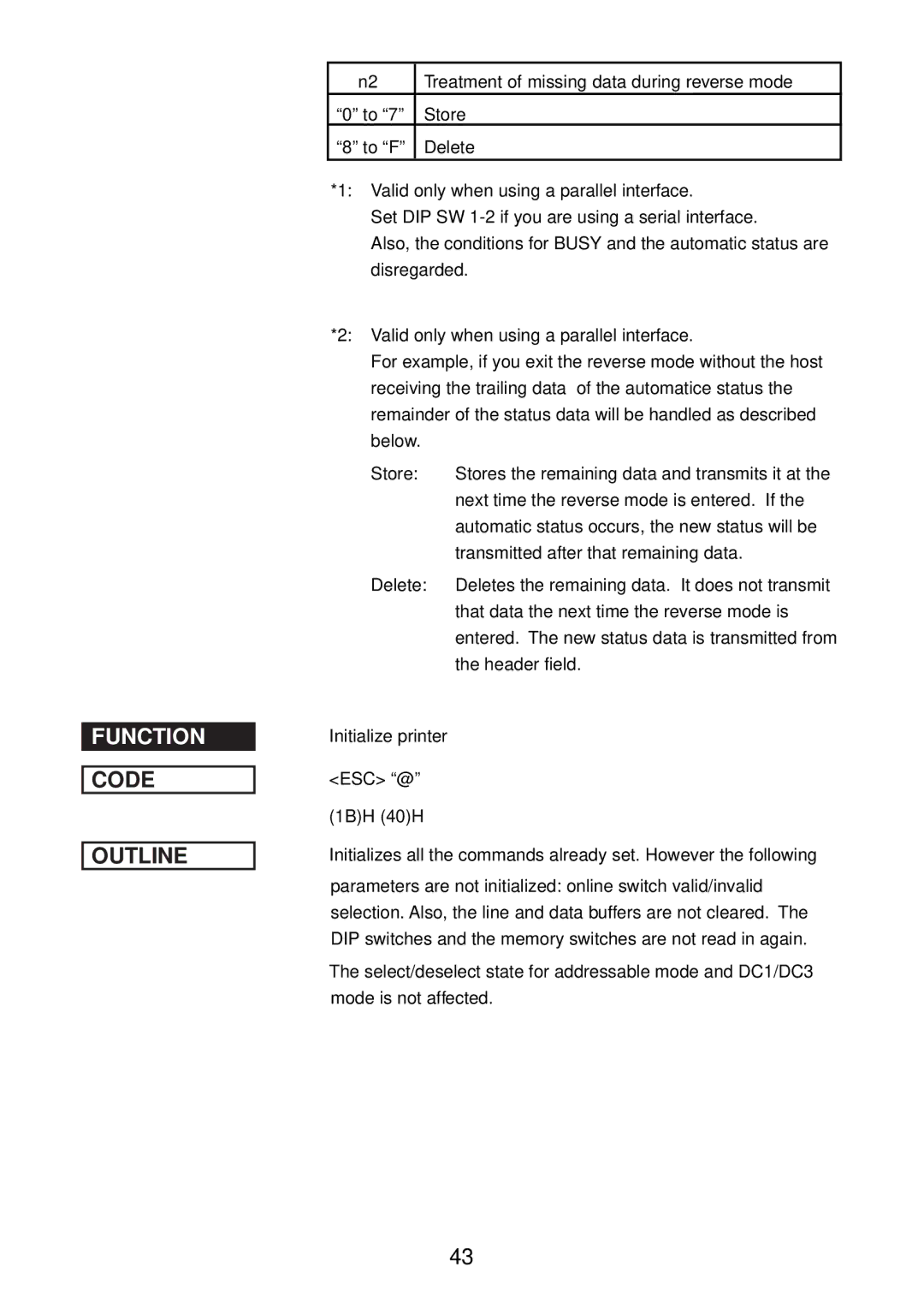 Star Micronics SP2000 manual Treatment of missing data during reverse mode 