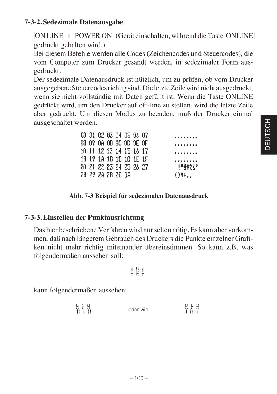 Star Micronics SP2000 user manual Sedezimale Datenausgabe, Einstellen der Punktausrichtung 