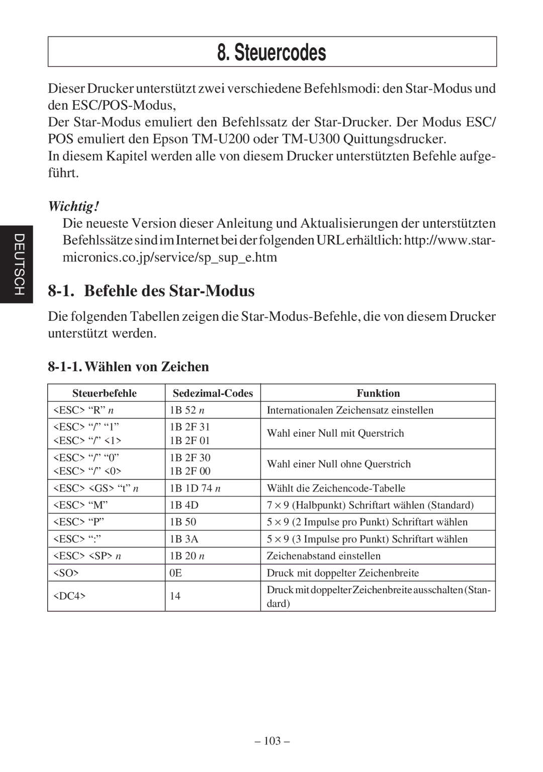 Star Micronics SP2000 user manual Steuercodes, Befehle des Star-Modus, 1. Wählen von Zeichen 