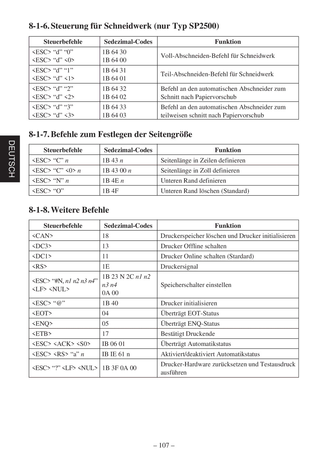 Star Micronics SP2000 Steuerung für Schneidwerk nur Typ SP2500, Befehle zum Festlegen der Seitengröße, Weitere Befehle 