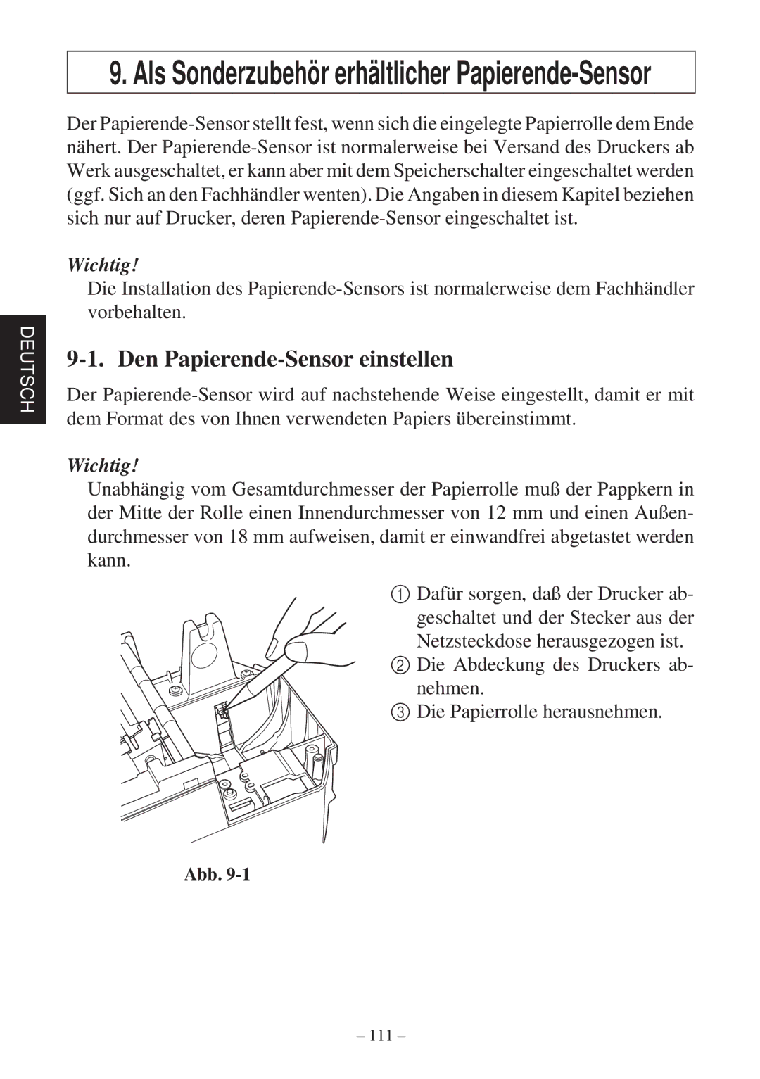 Star Micronics SP2000 user manual Als Sonderzubehör erhältlicher Papierende-Sensor, Den Papierende-Sensor einstellen 