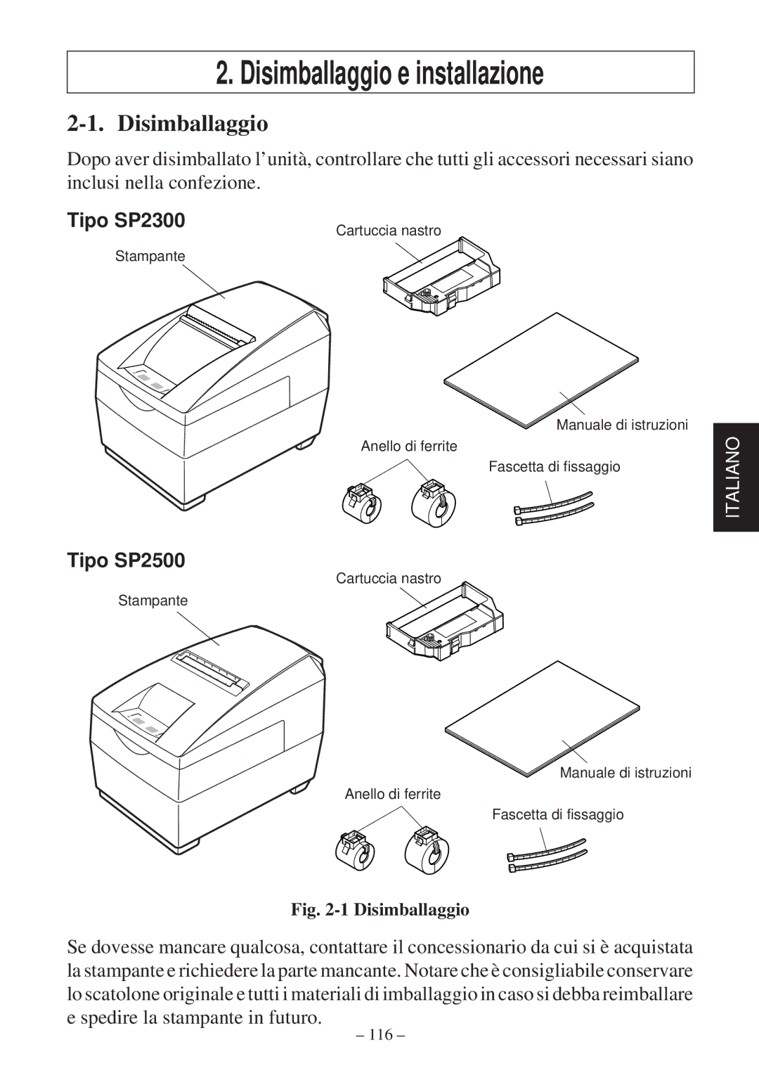 Star Micronics SP2000 user manual Disimballaggio e installazione 