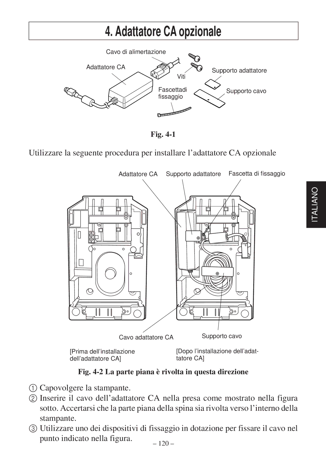 Star Micronics SP2000 user manual Adattatore CA opzionale, La parte piana è rivolta in questa direzione 