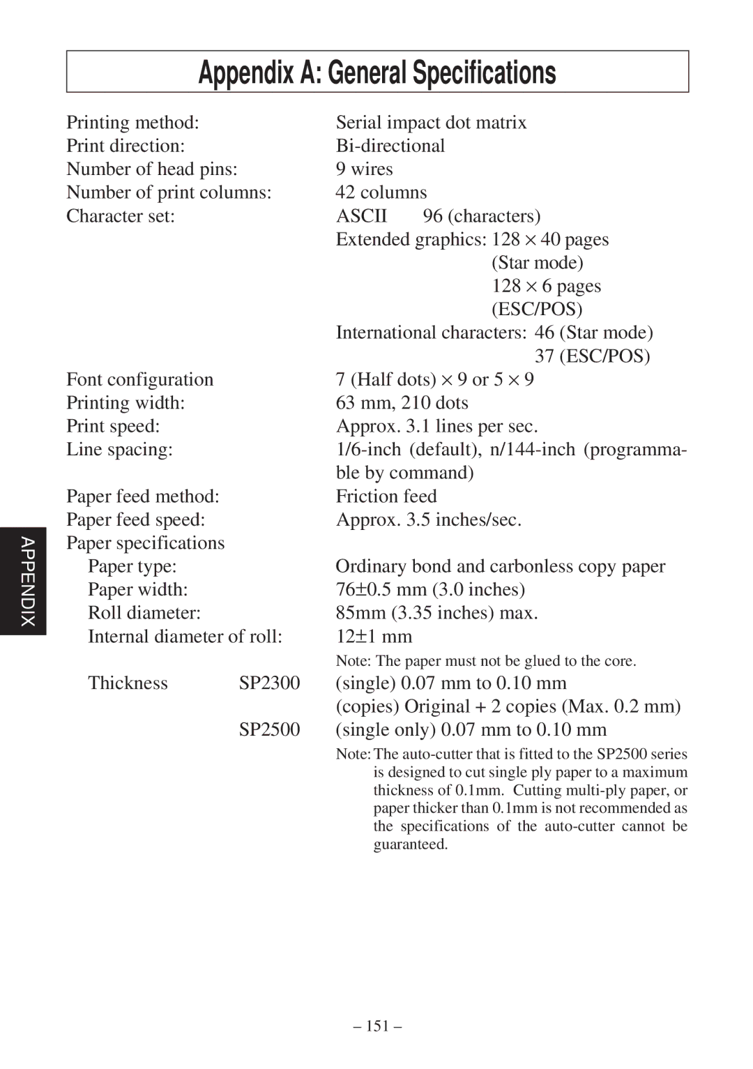 Star Micronics SP2000 user manual Appendix a General Specifications, Esc/Pos 