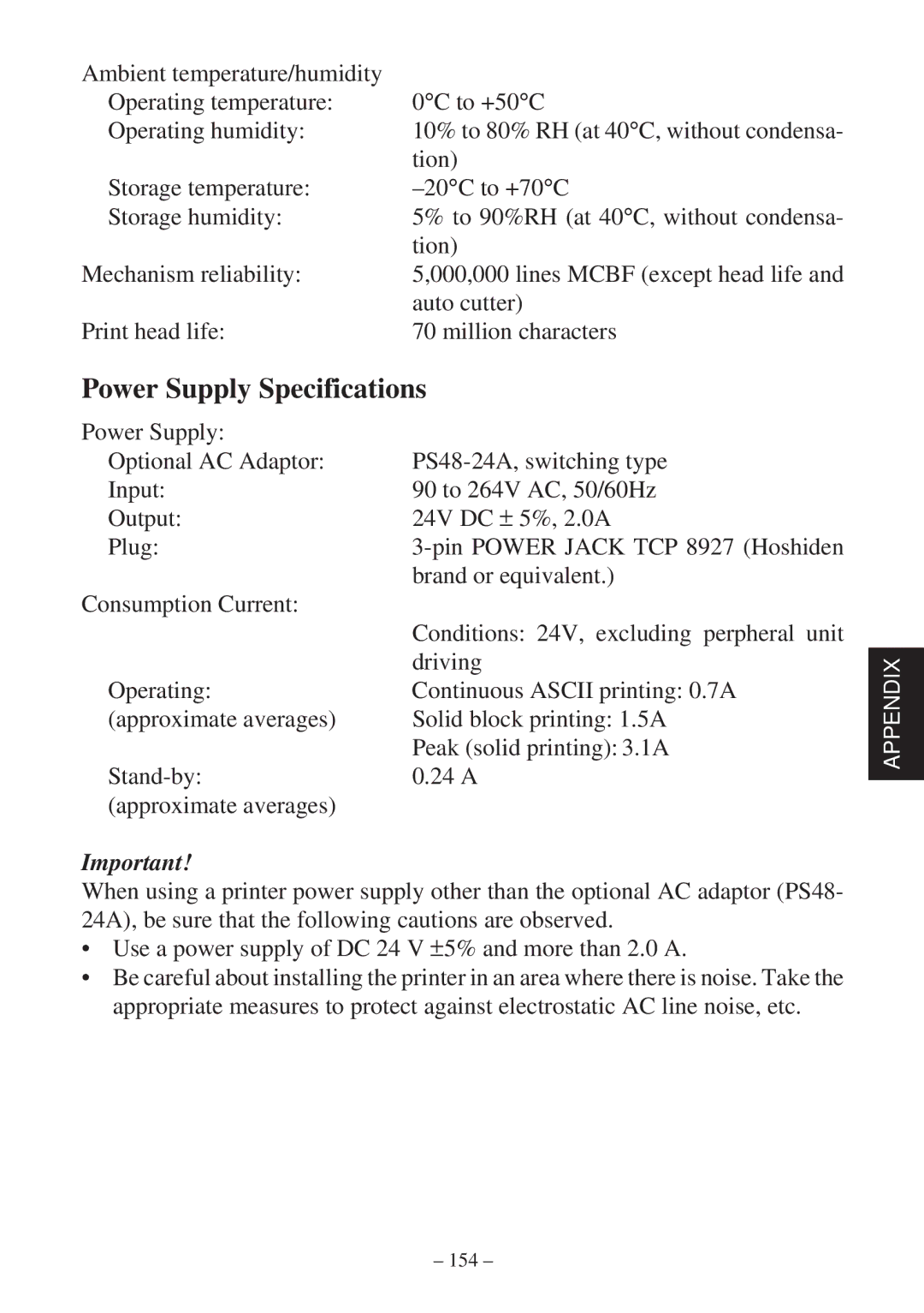 Star Micronics SP2000 user manual Power Supply Specifications 