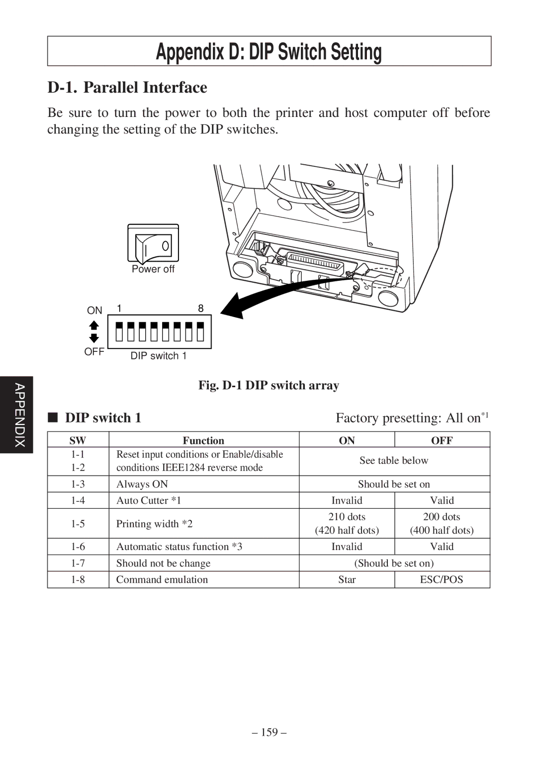 Star Micronics SP2000 user manual Appendix D DIP Switch Setting, Parallel Interface, DIP switch 