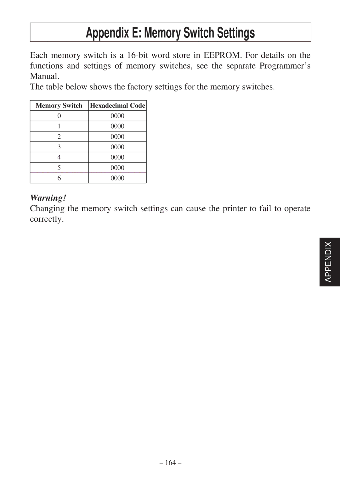 Star Micronics SP2000 user manual Appendix E Memory Switch Settings 