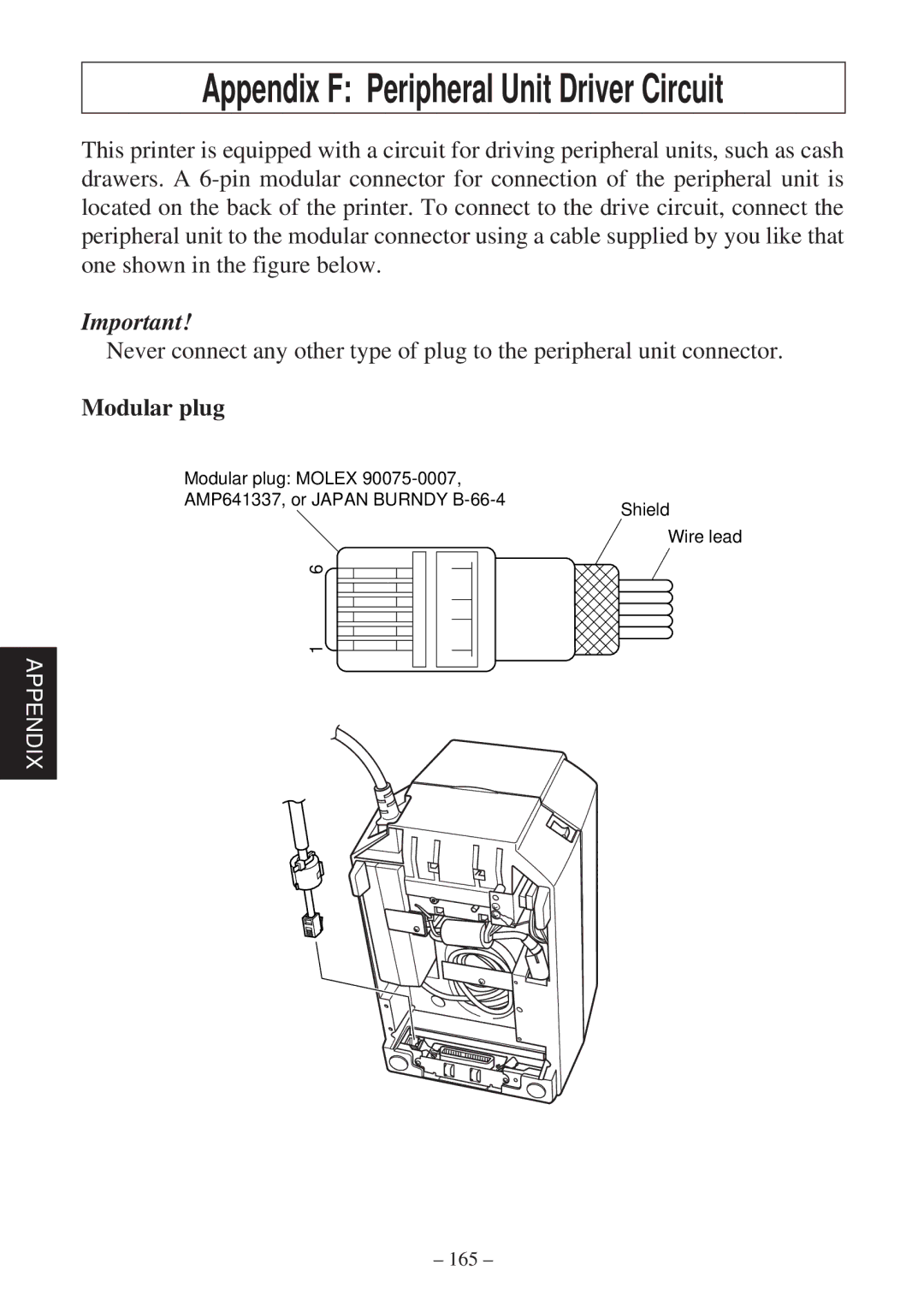 Star Micronics SP2000 user manual Appendix F Peripheral Unit Driver Circuit, Modular plug 