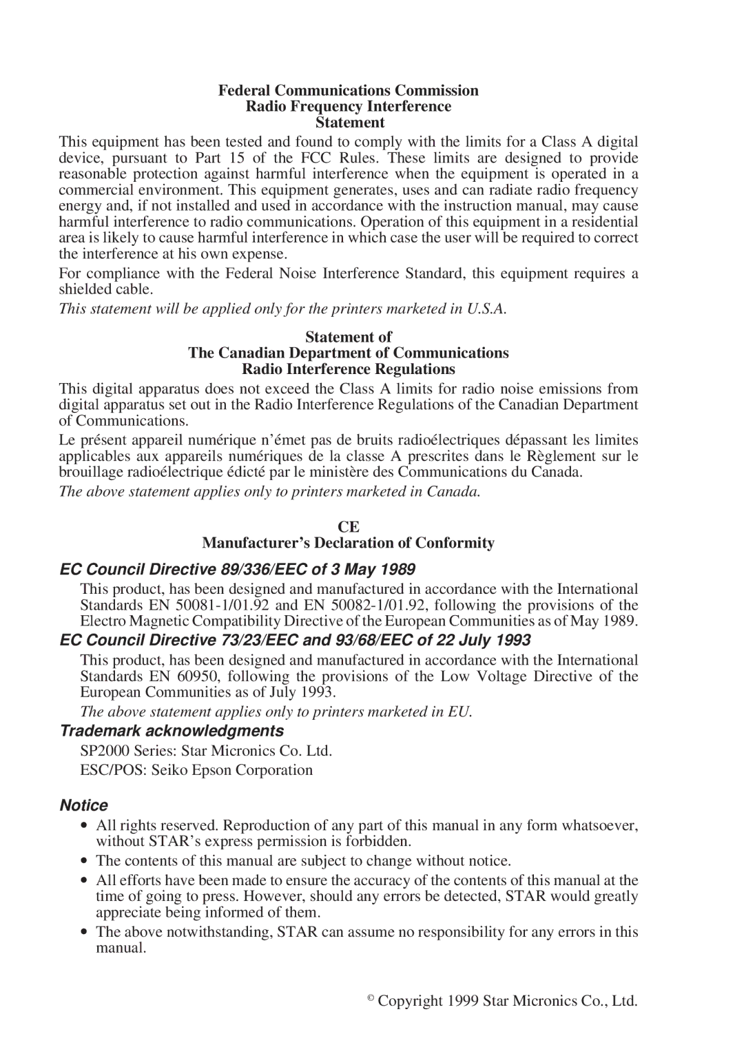 Star Micronics SP2000 user manual EC Council Directive 89/336/EEC of 3 May 