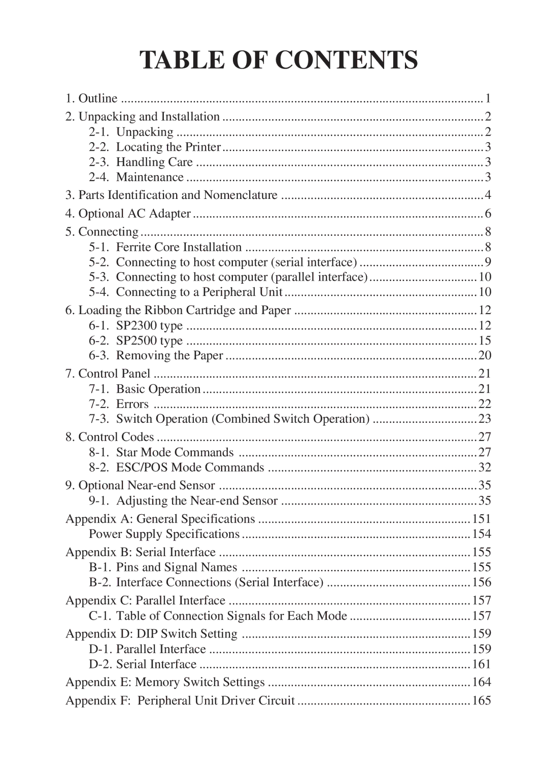 Star Micronics SP2000 user manual Table of Contents 