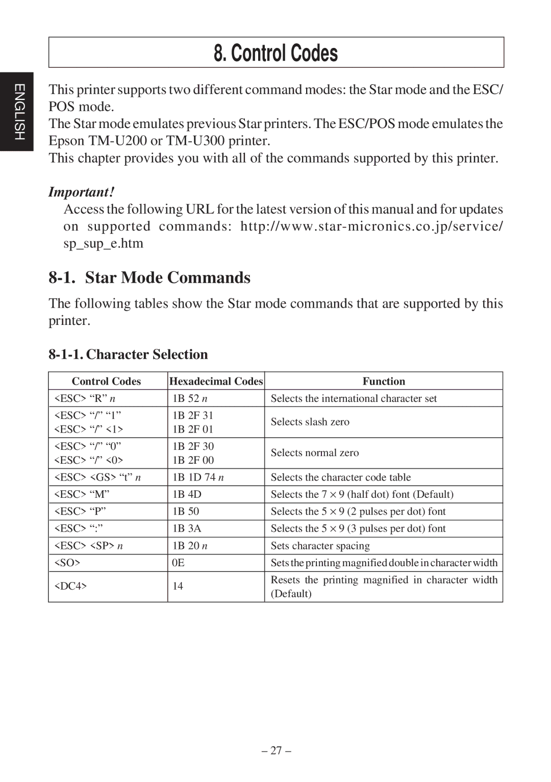 Star Micronics SP2000 user manual Control Codes, Star Mode Commands, Character Selection 