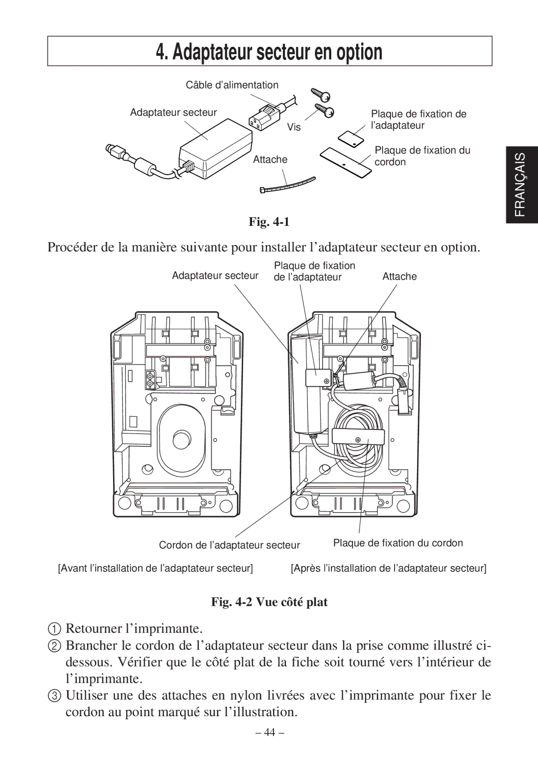 Star Micronics SP2000 user manual Adaptateur secteur en option, Vue côté plat 