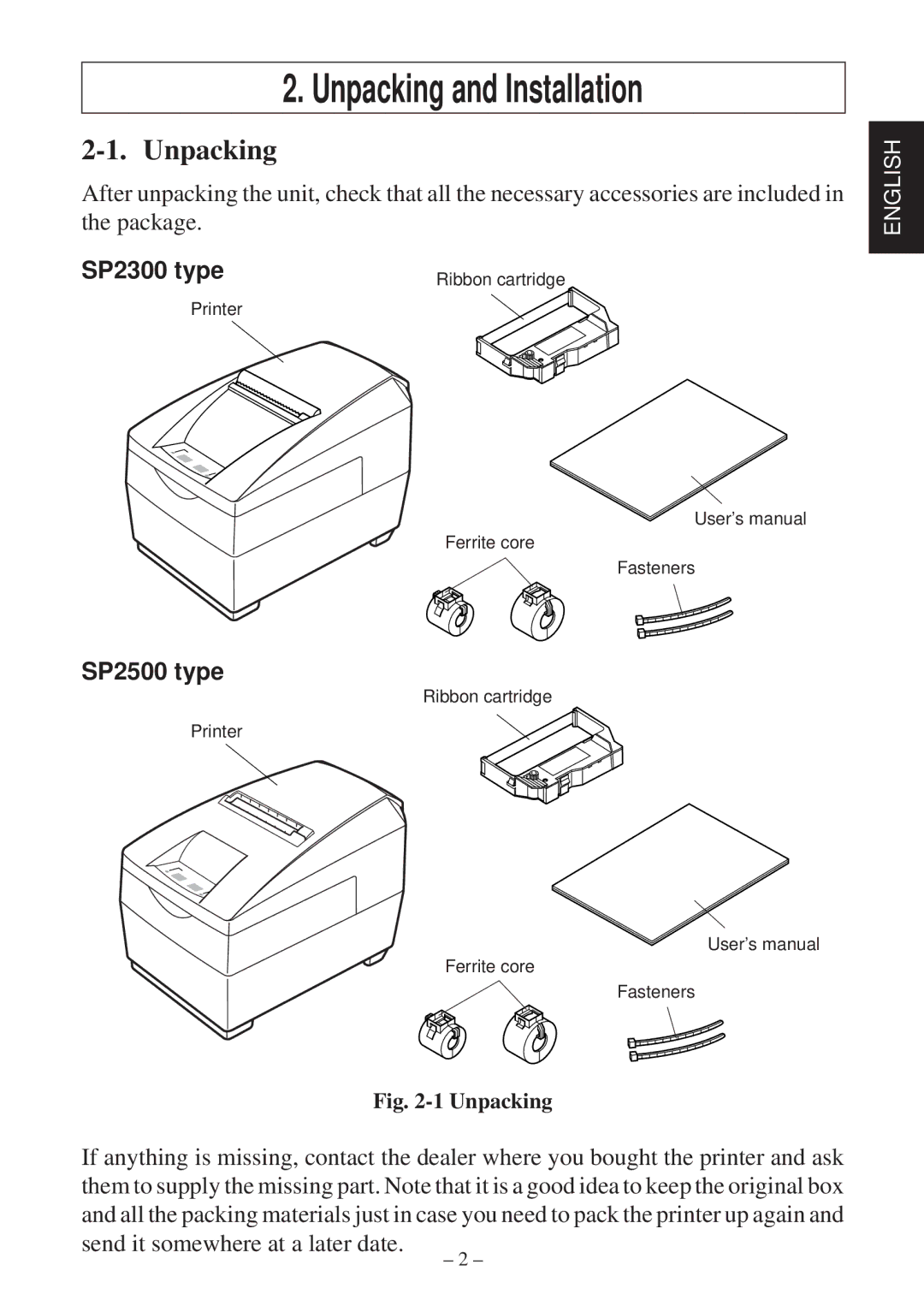 Star Micronics SP2000 user manual Unpacking and Installation 