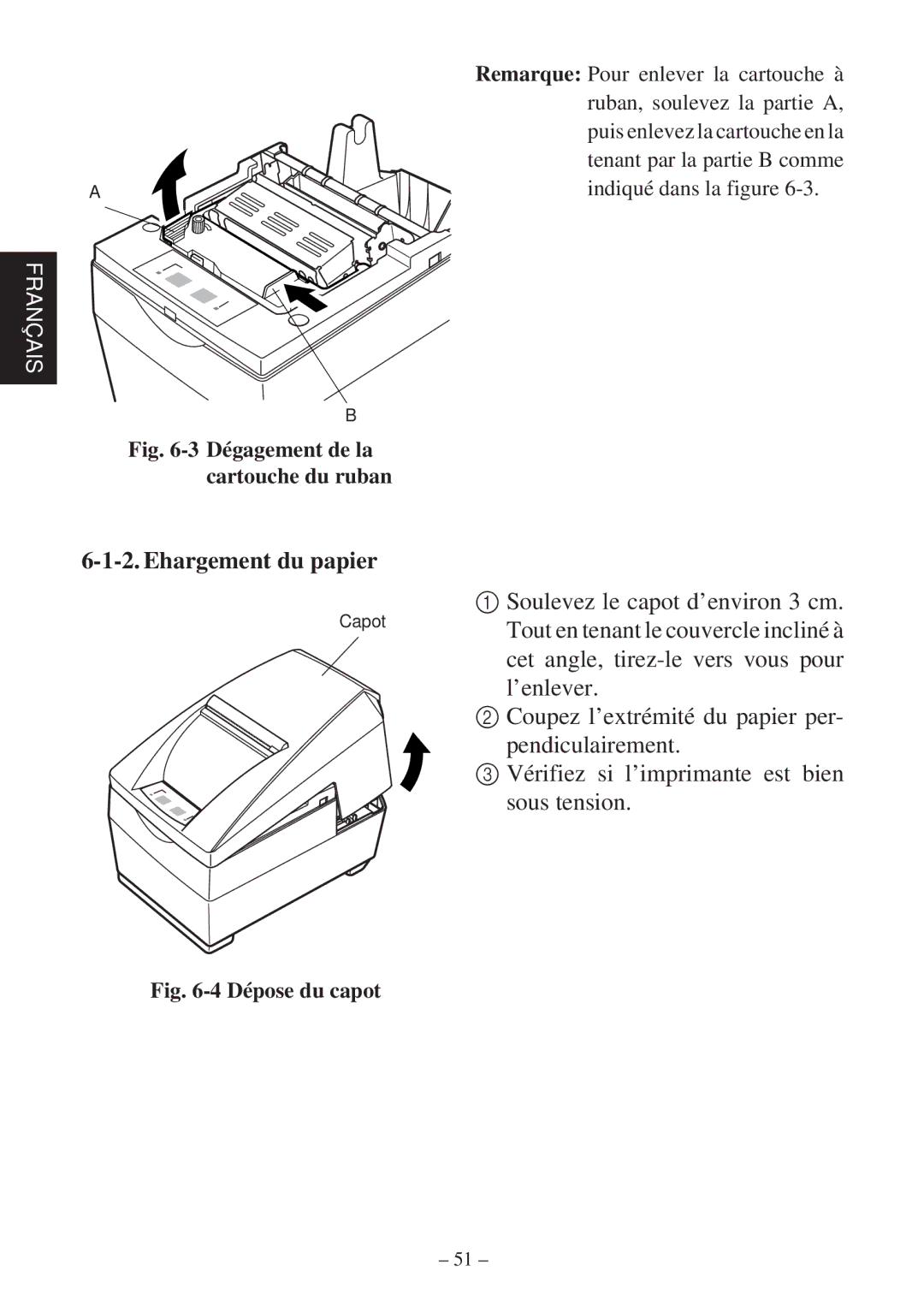 Star Micronics SP2000 user manual Ehargement du papier, Dégagement de la cartouche du ruban 