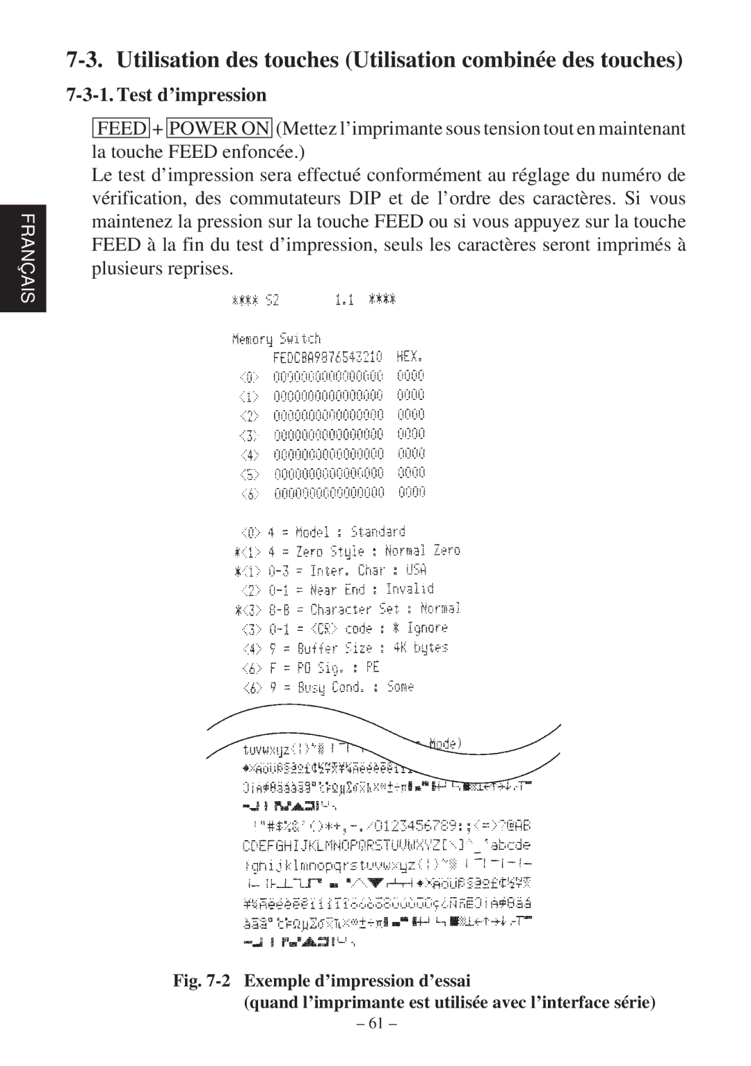 Star Micronics SP2000 user manual Utilisation des touches Utilisation combinée des touches, Test d’impression 