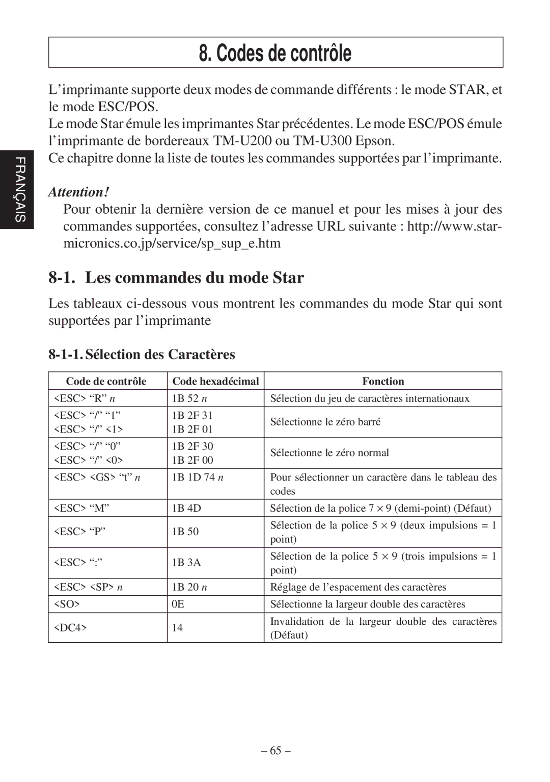 Star Micronics SP2000 user manual Codes de contrôle, Les commandes du mode Star, 1. Sélection des Caractères 