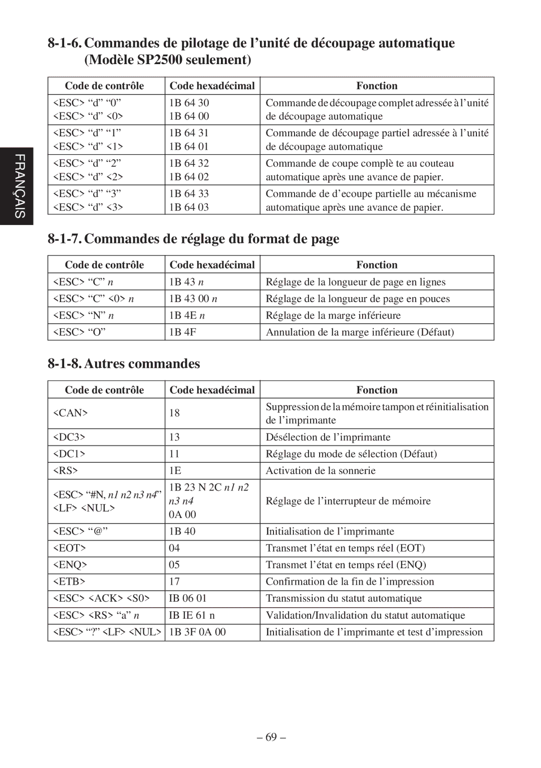 Star Micronics SP2000 user manual Commandes de réglage du format de, Autres commandes 