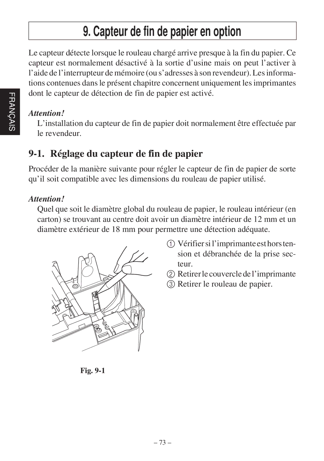 Star Micronics SP2000 user manual Capteur de fin de papier en option, Réglage du capteur de fin de papier 