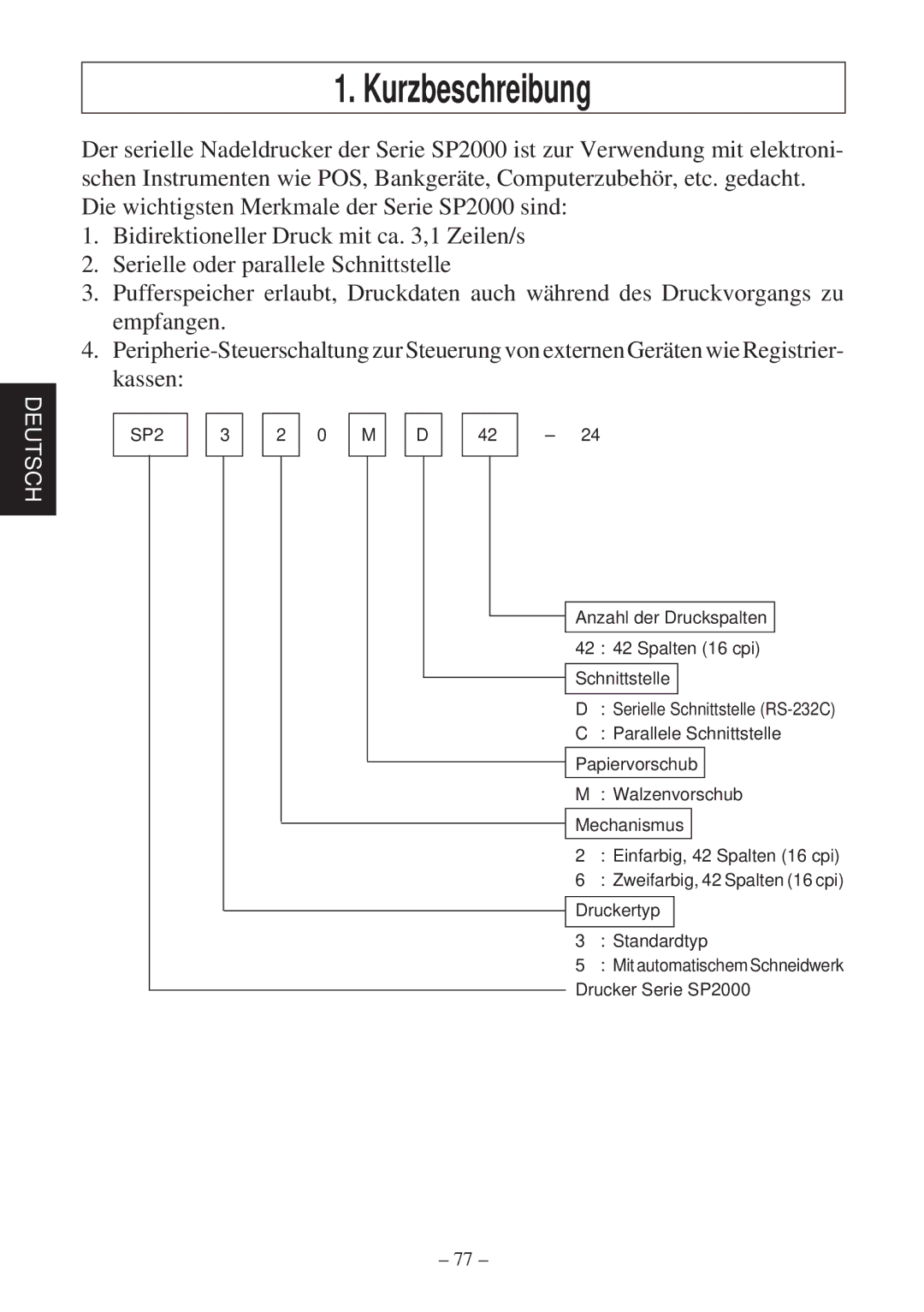 Star Micronics SP2000 user manual Kurzbeschreibung 