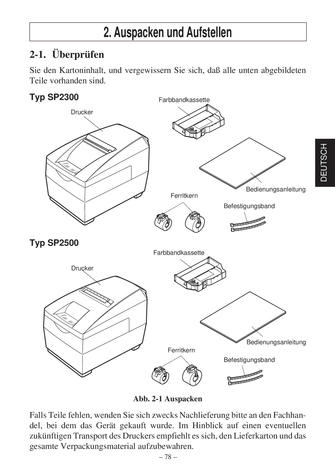 Star Micronics SP2000 user manual Auspacken und Aufstellen, Überprüfen 