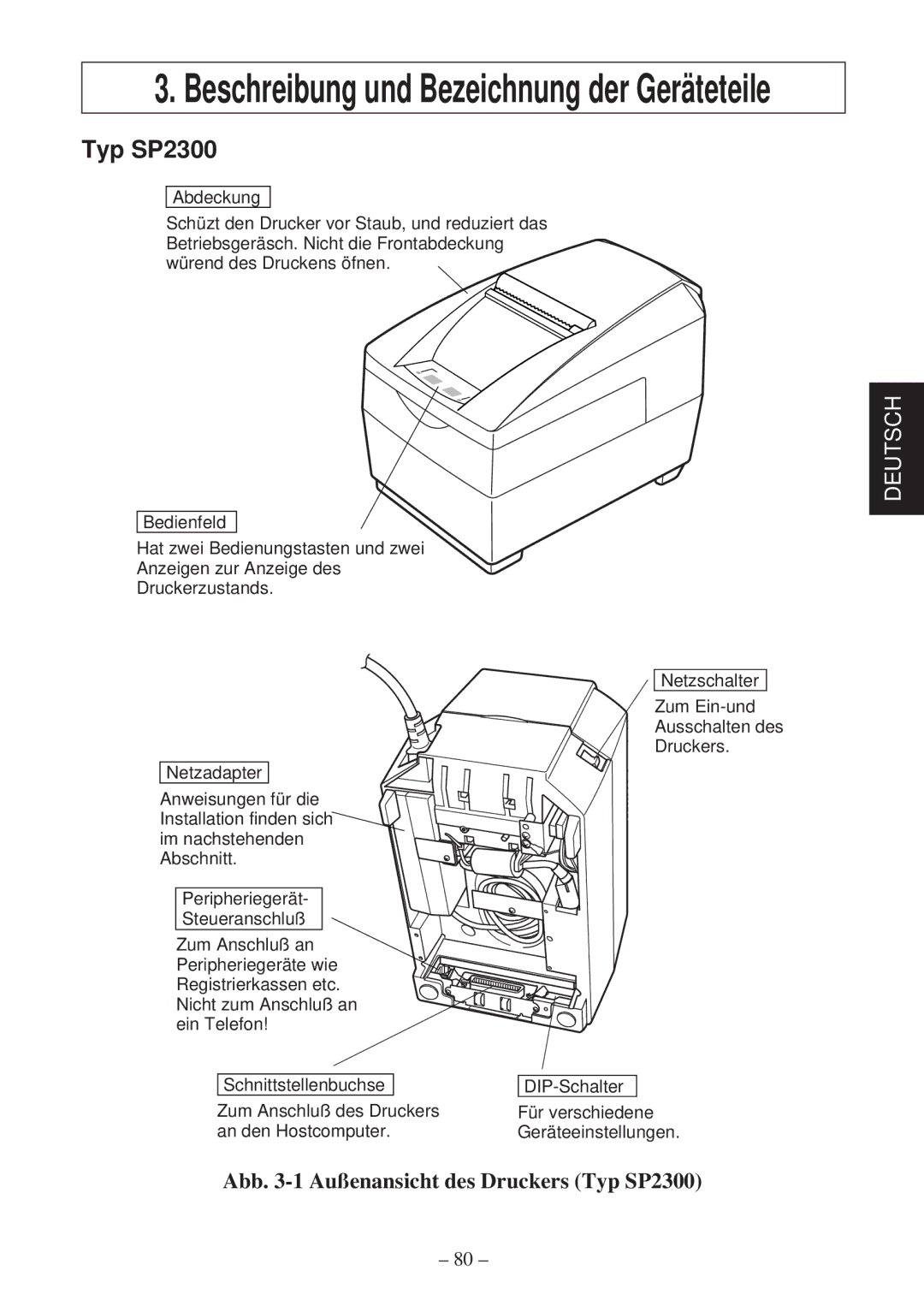 Star Micronics SP2000 user manual Beschreibung und Bezeichnung der Geräteteile 