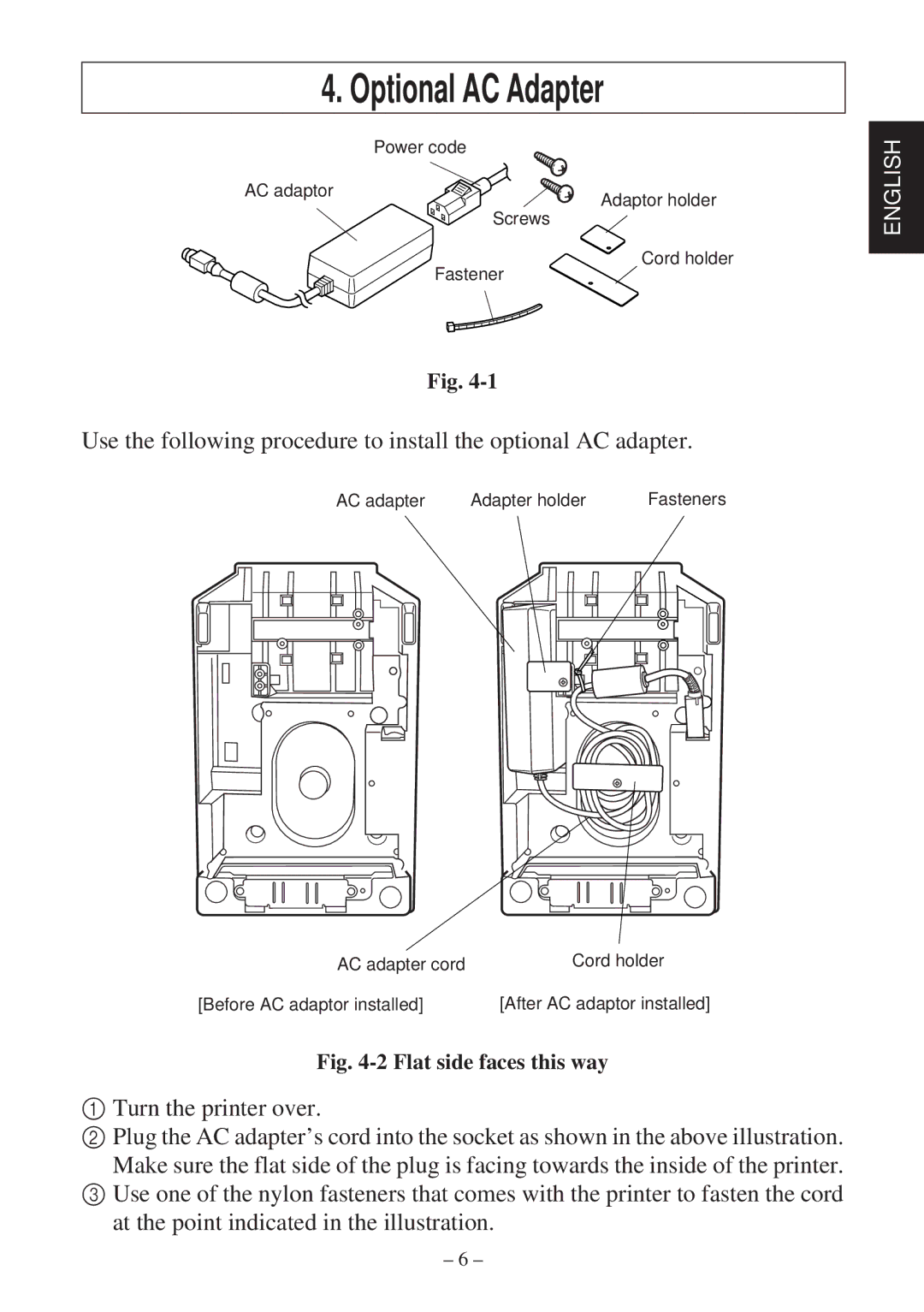 Star Micronics SP2000 user manual Optional AC Adapter, Flat side faces this way 